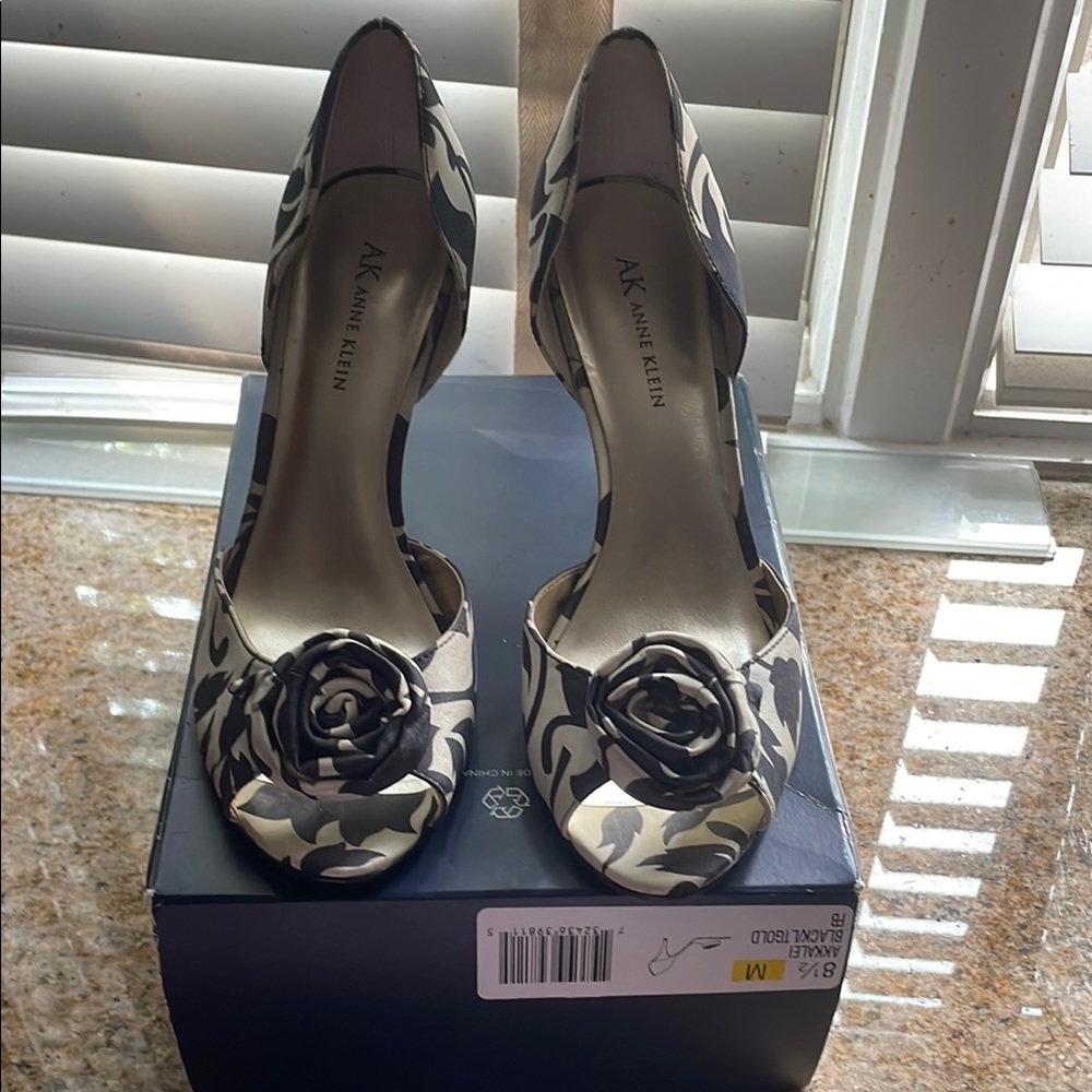 Anne Klein Black and Cream Peep Toe Heels